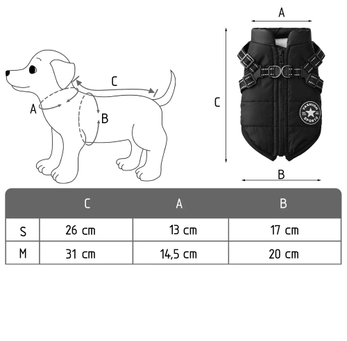Zimowa kurtka dla psa z szelkami M czarna | Ocieplana, wodoodporna  i odblaskowa kurtka dla psa | PET-016M-BK