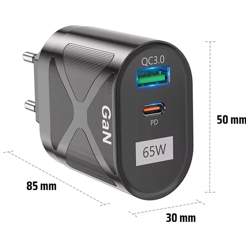 Szybka ładowarka sieciowa 65W z portami USB i PD 3.0 (USB-C) | BK-389-GAN