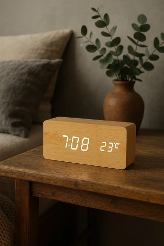Drewniany zegar cyfrowy LED z termometrem | Budzik z 3 alarmami | SXM-016
