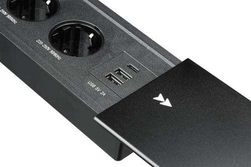 Gniazdo blatowe wpuszczane z przesuwną pokrywą | podwójne gniazdo zasilające z ładowarką USB PD | czarny | JX-S328-BLACK