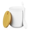 Porcelanowa cukiernica z łyżeczką | Pojemnik na cukier z bambusowym wieczkiem | XM07-85-WHITE