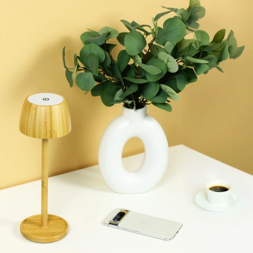 Bambusowa lampka stołowa LED z dotykową regulacją barwy | Bezprzewodowa lampka nocna w wbudowanym akumulatorem 1500 mAh, USB-C | YG-VM41A