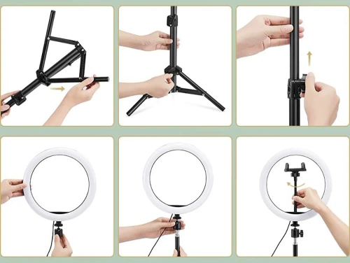 Zestaw lampa LED RGB 26 cm ze statywem 210 cm i pilotem | Lampa pierścieniowa do makijażu i nagrań wideo | SENY-RGB-26CM