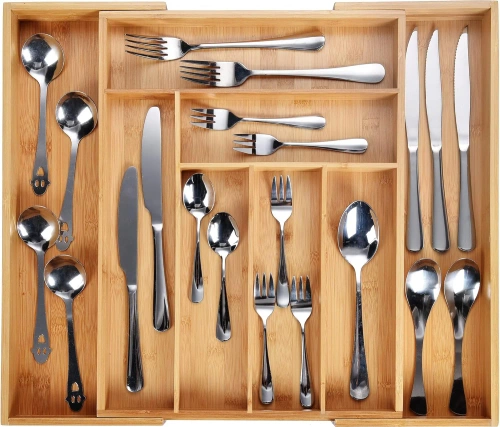 Organizer na sztućce | Bambusowy, regulowany wkład XL do szuflady z 8 przegródkami | KBT-G844