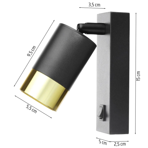 Czarna lampa ścienna | Kinkiet z ruchomym reflektorem | Reflektor z gwintem GU10 | Lampka nocna z włącznikiem | BD-C278-B+G