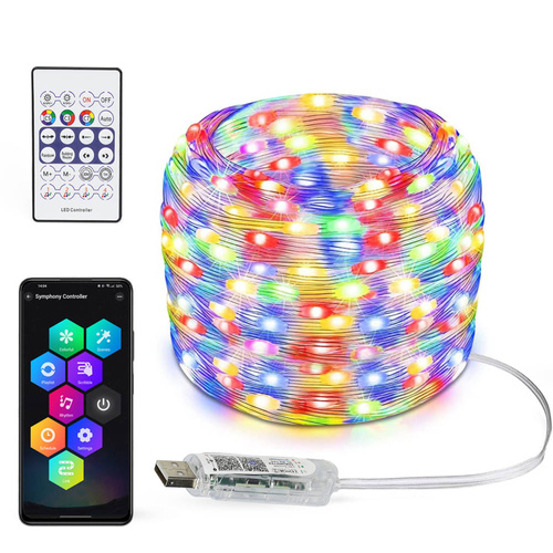 Taśma LED WS2812B RGBIC 10 m | Neon, łańcuch świetlny | Pilot IR, Bluetooth, IP65, USB | ASF-RGB-10M