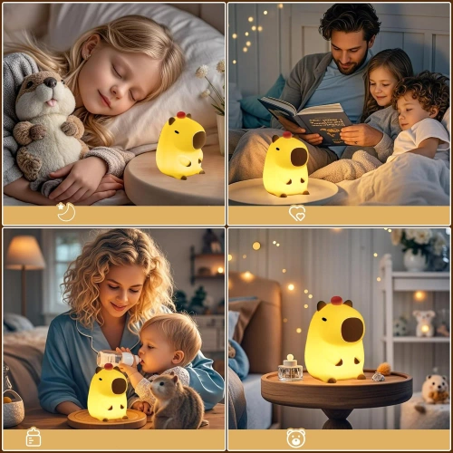 Silikonowa lampka nocna LED Kapibara | Przenośna lampka dziecięca 8 trybów świecenia z timerem | Lampka nocna emitująca ciepłe światło  3000K | DS-CPBR-01