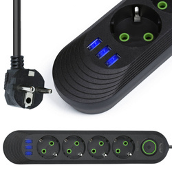 Listwa sieciowa 3 m | 4 gniazda + 3x USB | czarna | LH-F04U