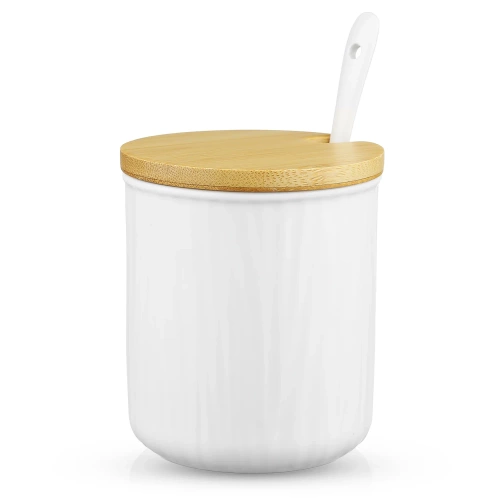 Porcelanowa cukiernica z łyżeczką | Pojemnik na cukier z bambusowym wieczkiem | XM07-85-WHITE