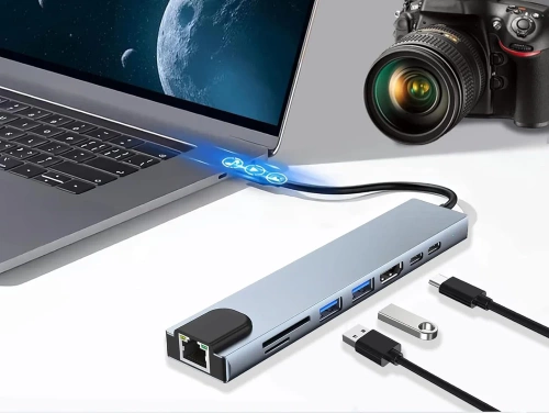 Rozdzielacz USB-C na 2x USB-A + 2x USB-C + kart SD + TF + HDMI + LAN | adapter, rozgałęźnik typ C 8w1 | HUB
