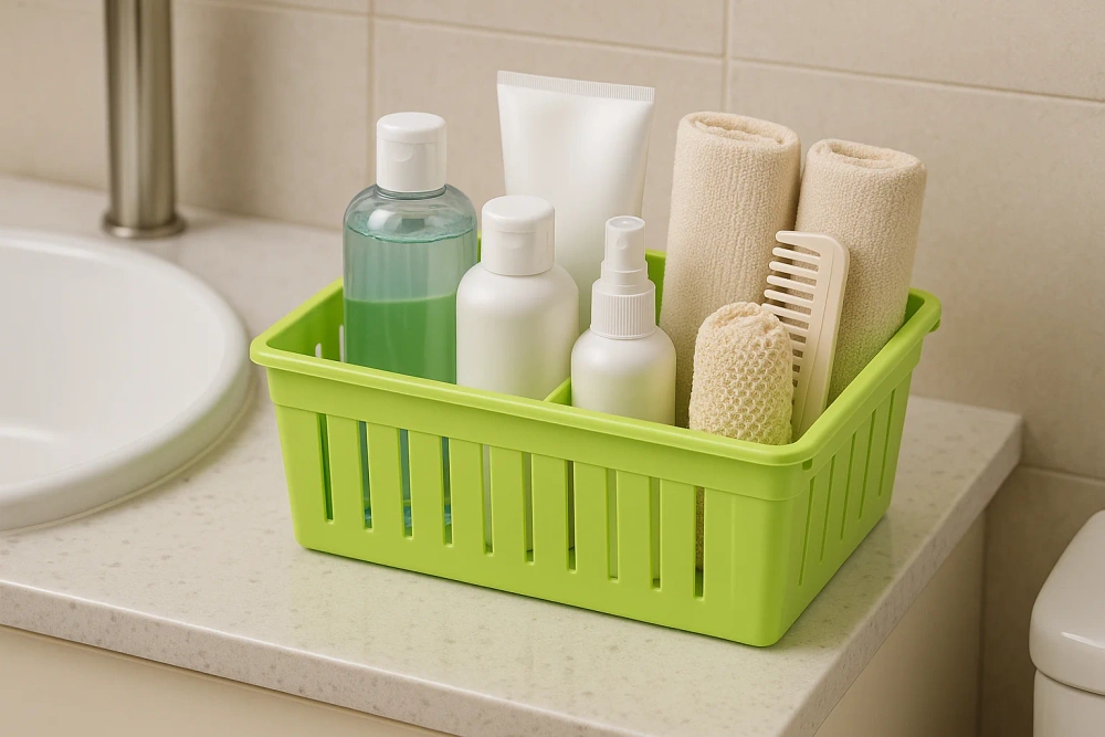 Zielony organizer na biurku wypełniony przyborami szkolnymi i biurowymi