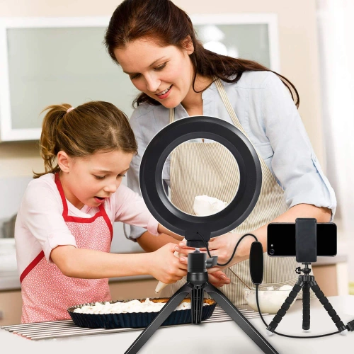 Lampa pierścieniowa LED 16 cm ze statywem 25 cm | Kompaktowy zestaw do makijażu, streamingu i fotografii |