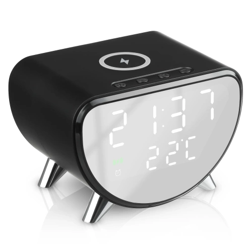 Inteligentny budzik LED z ładowarką Qi 15W, termometrem i 3 alarmami  | Zegarek USB do sypialni  | SZ07-15W-BR