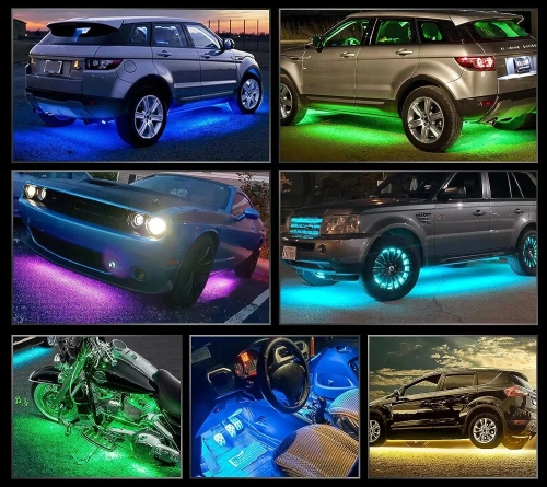 Podświetlenie podwozia LED | Elastyczne taśmy RGB | Bluetooth z aplikacja na telefonie | Długość pasków: 90cm x 2 i 120cm x 2