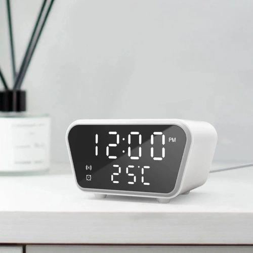 Inteligentny budzik z ładowarką bezprzewodową Qi 15W | Budzik z trzema alarmami |  Zegarek z wyświetlaczem temperatury |  SZ01-15W-W