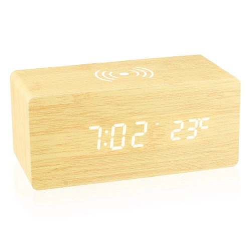 Drewniany zegar cyfrowy LED z ładowarką indukcyjną 10W |  Budzik z 3 alarmami oraz termometrem | SXM-017