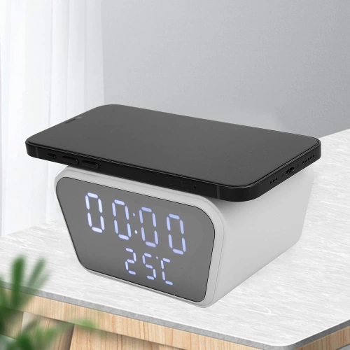 Inteligentny budzik z ładowarką bezprzewodową Qi 15W | Budzik z trzema alarmami |  Zegarek z wyświetlaczem temperatury |  SZ01-15W-W