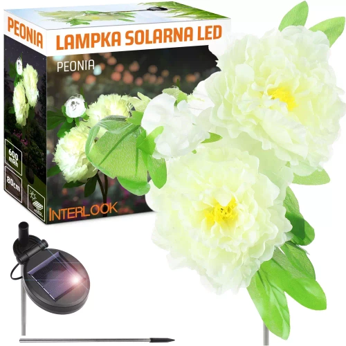 Kwiatek solarny | Ogrodowa lampa solarna LED Peonia biała | 80 cm, 600 mAh | FLD-10-WHITE