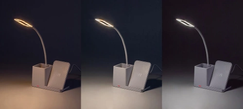 Inteligentna lampka biurkowa LED z ładowaniem bezprzewodowym Qi | Lampka biurowa 3w1 z przybornikiem i ładowarką | Nowoczesna lampka do nauki z organizerem |  MD-K5-15W