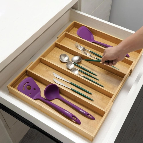 Organizer na sztućce | Bambusowy, regulowany wkład XL do szuflady z 5 przegródkami | KBT-G513