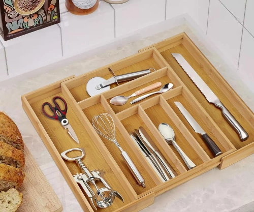 Organizer na sztućce | Bambusowy, regulowany wkład XL do szuflady z 8 przegródkami | KBT-G844