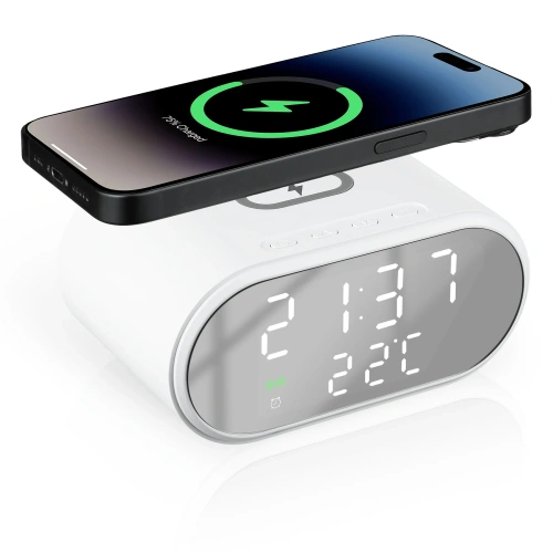 Inteligentny budzik z ładowarką bezprzewodową Qi 15W | Budzik z trzema alarmami | Zegarek z wyświetlaczem temperatury | SZ06-15W-W