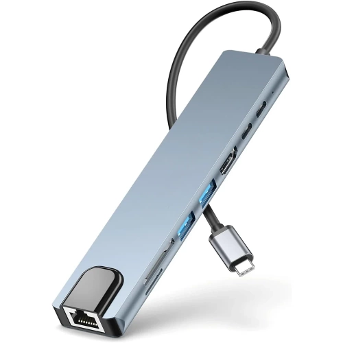 Rozdzielacz USB-C na 2x USB-A + 2x USB-C + kart SD + TF + HDMI + LAN | adapter, rozgałęźnik typ C 8w1 | HUB