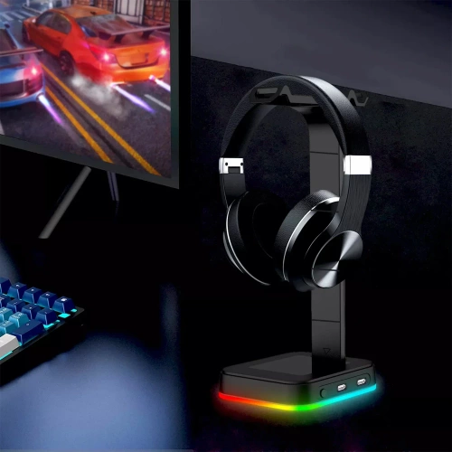 Podstawka pod słuchawki | stojak, hak, wieszak na słuchawki | podświetlenie RGB | HS-D9-BLACK