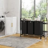 Kosz na pranie z półką | Trzykomorowy kosz na pranie | Kosz na pranie z kółkami | MZ-B30-BLACK
