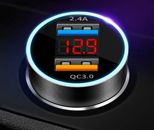 Szybka ładowarka samochodowa 2x USB z wyświetlaczem LED | Quick Charge 3.0 | Miernik napięcia | CA-003
