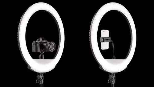 Mocna lampa pierścieniowa z płynną regulacją barwy i natężenia światła ze statywem 195cm | 3 uchwyty na telefon, torba | YQ-480B