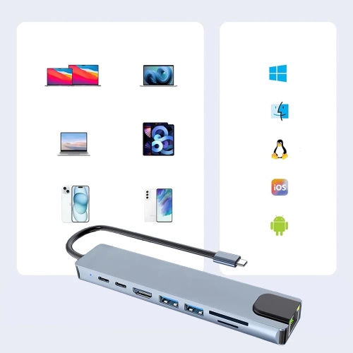 Rozdzielacz USB-C na 2x USB-A + 2x USB-C + kart SD + TF + HDMI + LAN | adapter, rozgałęźnik typ C 8w1 | HUB