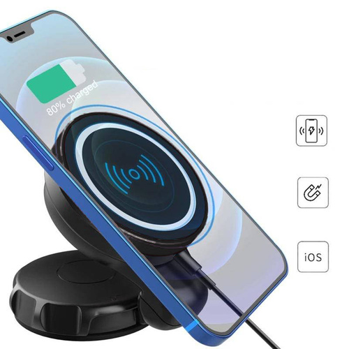 Samochodowy uchwyt magnetyczny z ładowarką indukcyjną | Qi, MagSafe, 15W | na szybę lub deskę rozdzielczą | WH-69