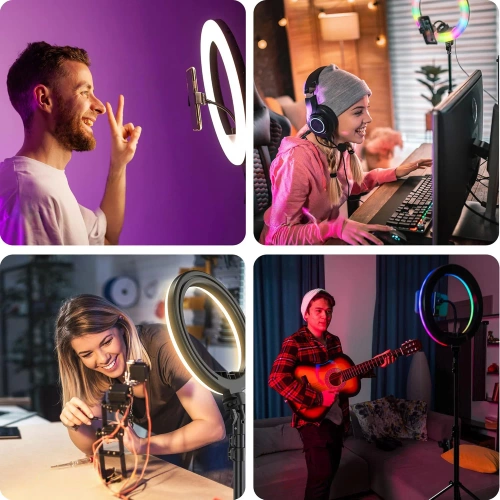 Zestaw lampa LED RGB 26 cm ze statywem 210 cm i pilotem | Lampa pierścieniowa do makijażu i nagrań wideo | SENY-RGB-26CM