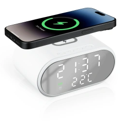 Inteligentny budzik z ładowarką bezprzewodową Qi 15W | Budzik z trzema alarmami | Zegarek z wyświetlaczem temperatury | SZ06-15W-W