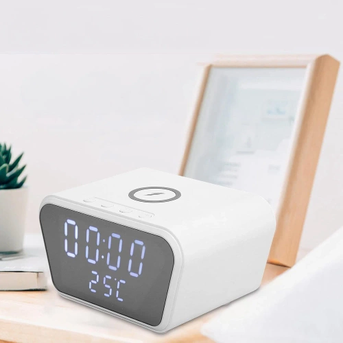 Inteligentny budzik z ładowarką bezprzewodową Qi 15W | Budzik z trzema alarmami |  Zegarek z wyświetlaczem temperatury |  SZ01-15W-W