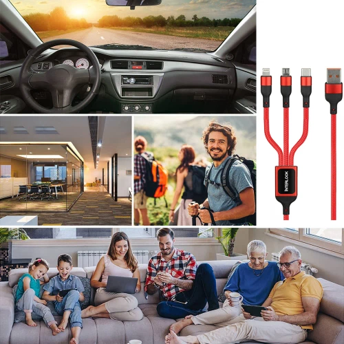 Kabel USB 3W1 | Kabel Micro, USB TYP-C. Lighting | Nylonoway kabel 1,2m | B5-3in1-red