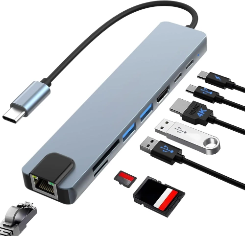 Rozdzielacz USB-C na 2x USB-A + 2x USB-C + kart SD + TF + HDMI + LAN | adapter, rozgałęźnik typ C 8w1 | HUB
