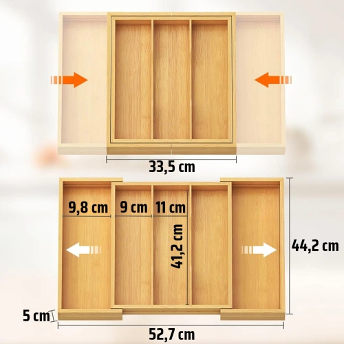 Organizer na sztućce | Bambusowy, regulowany wkład XL do szuflady z 5 przegródkami | KBT-G513