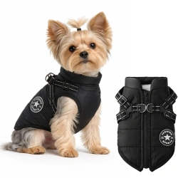 Zimowa kurtka dla psa z szelkami M czarna | Ocieplana, wodoodporna  i odblaskowa kurtka dla psa | PET-016M-BK