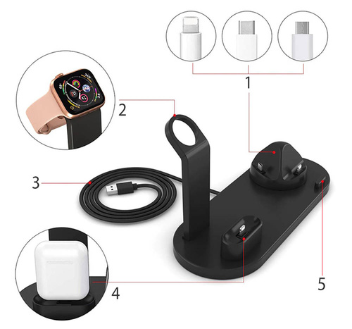 Stacja dokująca do Apple iPhone Airpods Watch | Ładowarka bezprzewodowa 15W | 3 wtyczki - USB-C / Lightning / Micro USB | WD-03