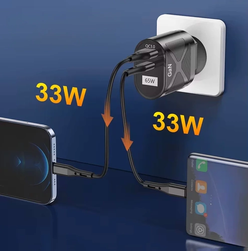 Szybka ładowarka sieciowa 65W z portami USB i PD 3.0 (USB-C) | BK-389-GAN