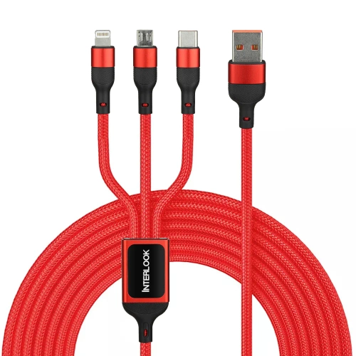 Kabel USB 3W1 | Kabel Micro, USB TYP-C. Lighting | Nylonoway kabel 1,2m | B5-3in1-red