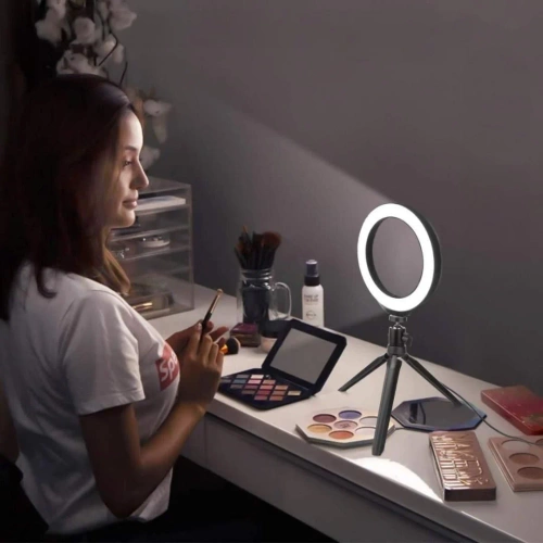 Lampa pierścieniowa LED 16 cm ze statywem 25 cm | Kompaktowy zestaw do makijażu, streamingu i fotografii |