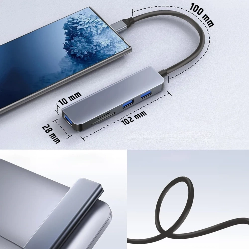 Rozdzielacz USB-C na 3x USB + kart SD + TF | adapter, rozgałęźnik typ C 5w1 | HUB
