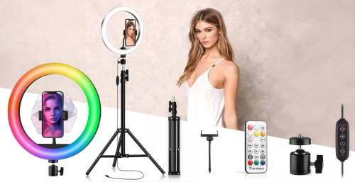 Zestaw lampa LED RGB 26 cm ze statywem 210 cm i pilotem | Lampa pierścieniowa do makijażu i nagrań wideo | SENY-RGB-26CM