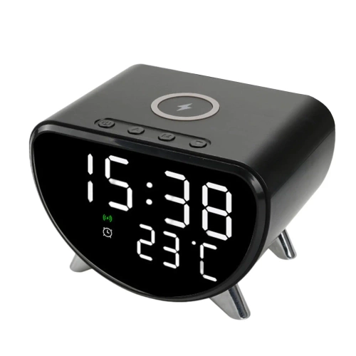 Inteligentny budzik LED z ładowarką Qi 15W, termometrem i 3 alarmami  | Zegarek USB do sypialni  | SZ07-15W-BR