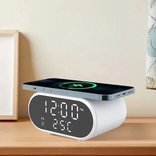 Inteligentny budzik z ładowarką bezprzewodową Qi 15W | Budzik z trzema alarmami | Zegarek z wyświetlaczem temperatury | SZ06-15W-W