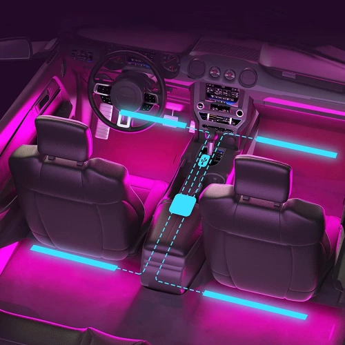 Oświetlenie LED RGB wnętrza samochodu pod USB | łączność Bluetooth z aplikacją w telefonie | 4x pasek LED 12 diod 5050 22cm | pilot IR | tryby muzyczne 