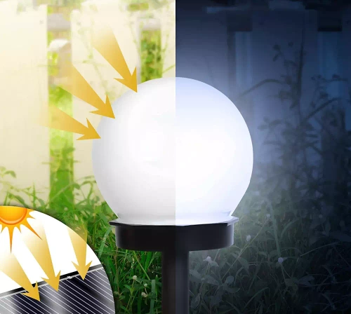 Ogrodowa lampa solarna biała kula | wbijana, gruntowa | 10cm | YNG-105-WC